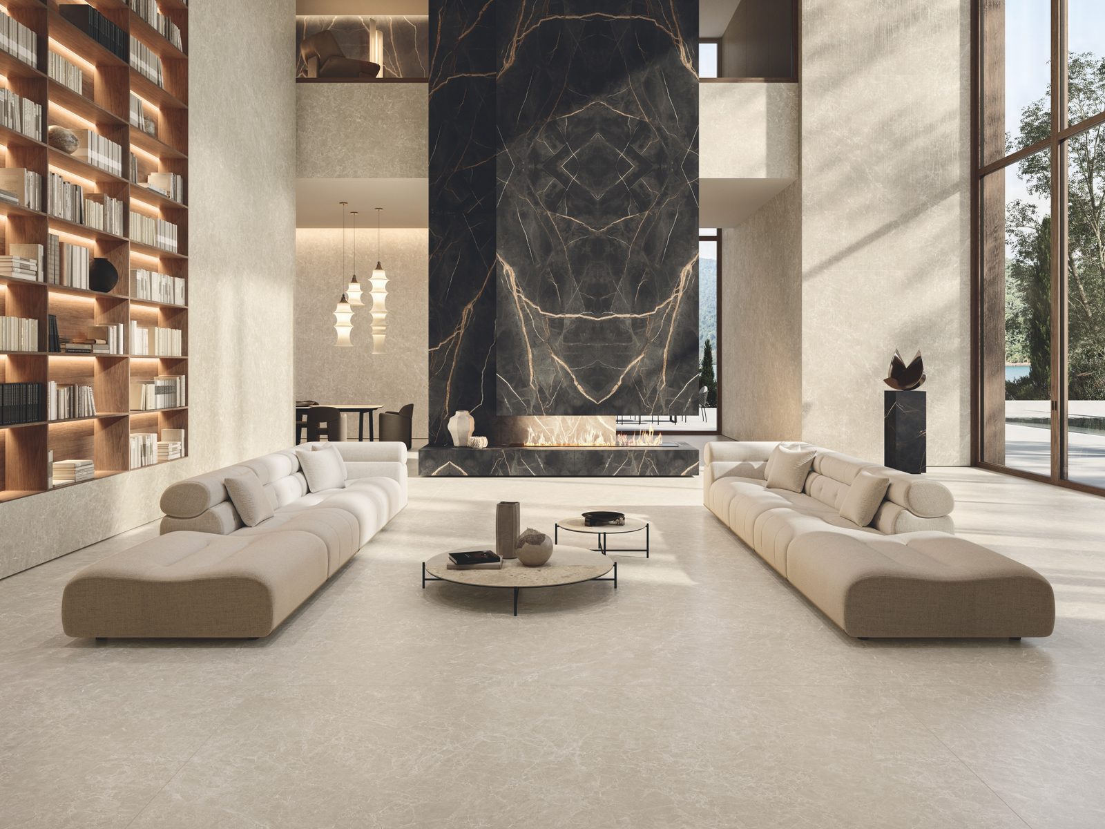 Woonkamer met Atlas Concorde Marvel Next in Breccia Pearl en Sahara Dark