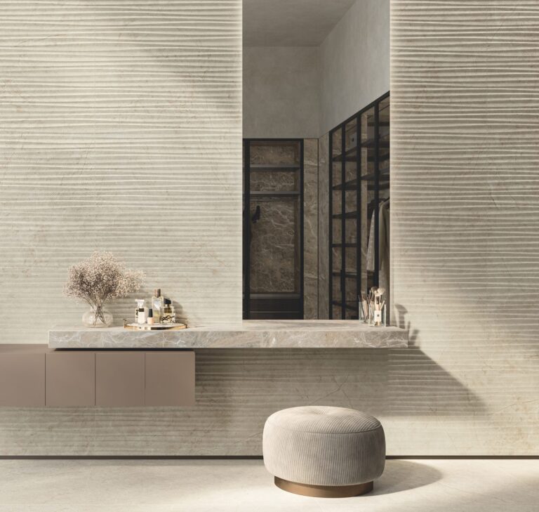 Slaapkamer met Marvel Next Aurelia Vein en de 3D Wheat-wandtegel in Vanilla White